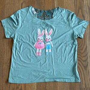Women’s ' Mint Bunny Appliqué Tee - Cute Pink & Blue Detail 🍧